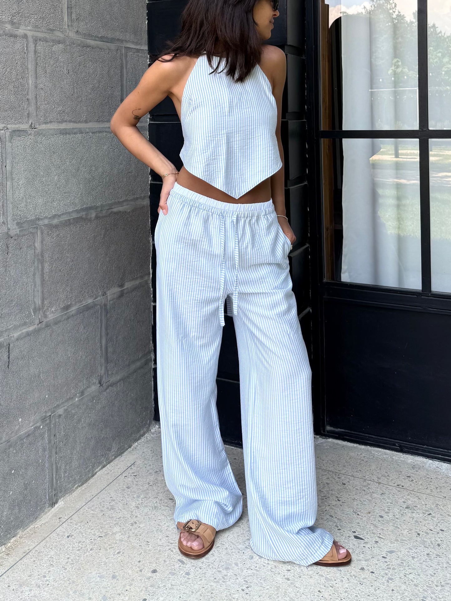 Linen triangle top with baby blue stripes
