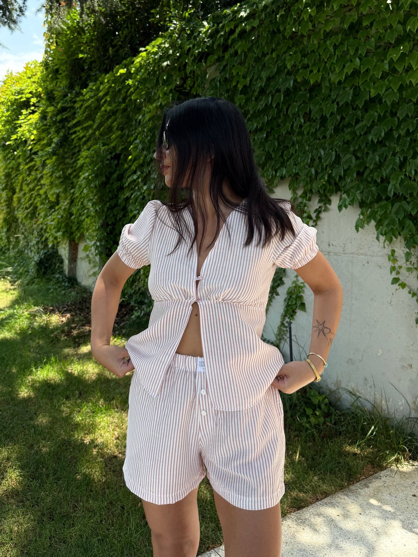 Linen top with peach pink stripes
