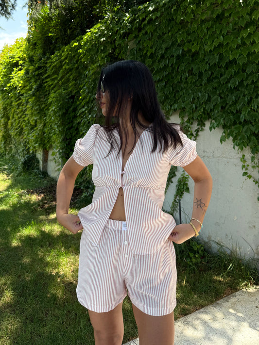 Linen top with peach pink stripes