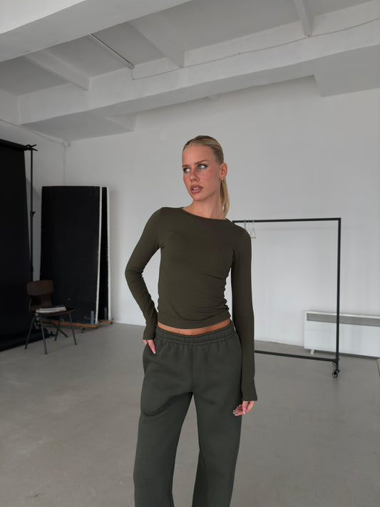 Khaki basic top, long sleeves