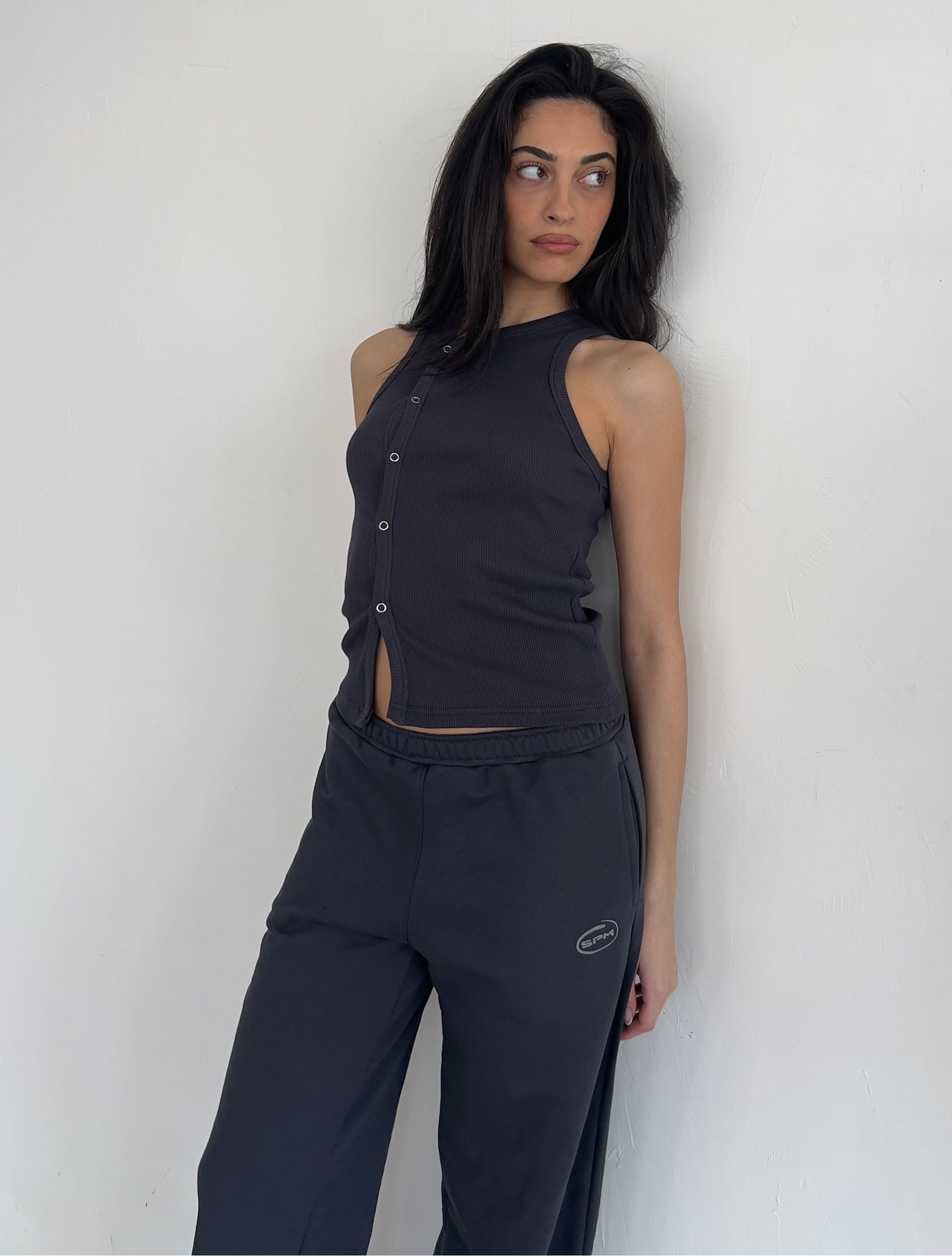 Dark gray tank top with buttons