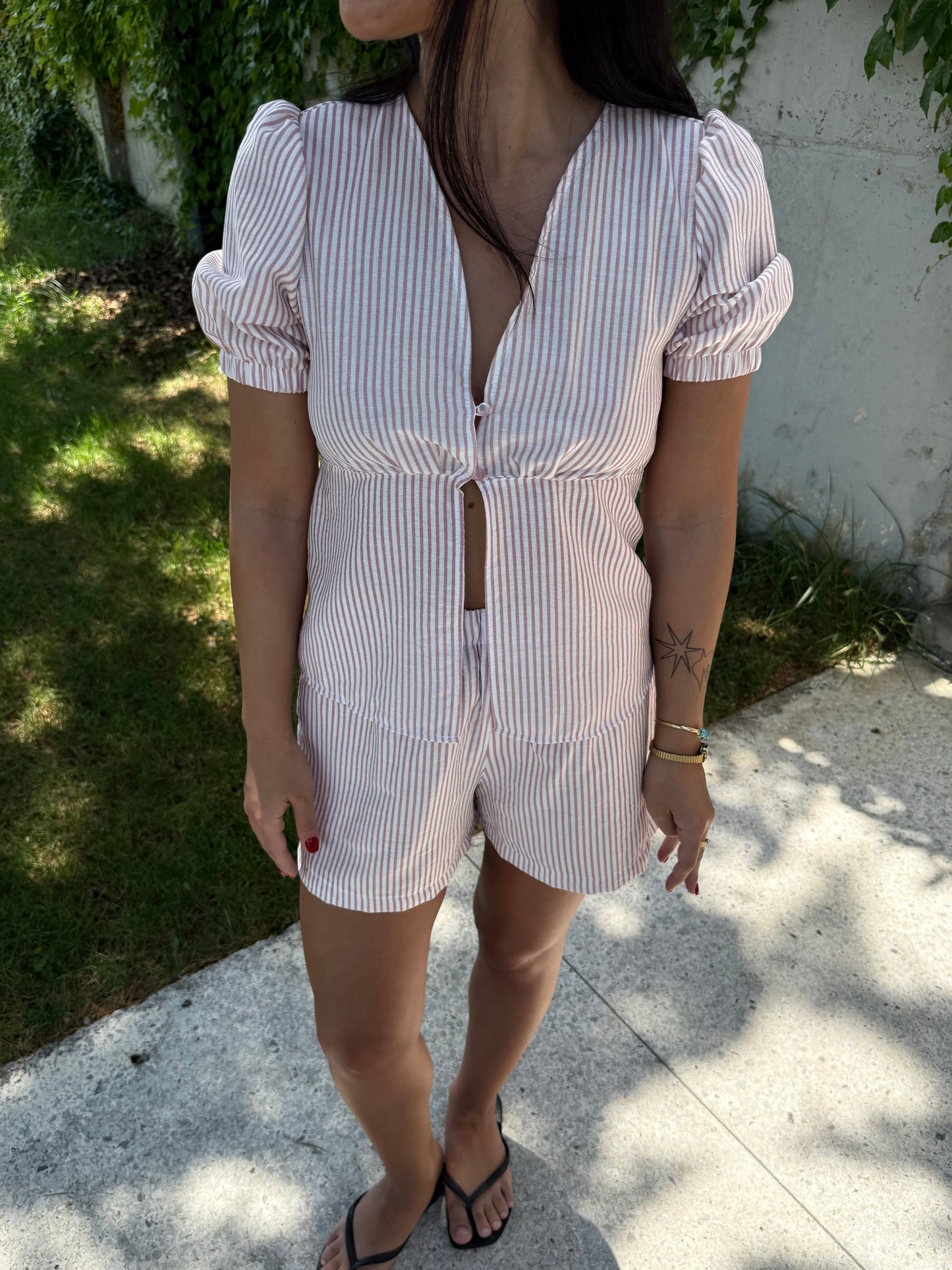 Linen top with peach pink stripes