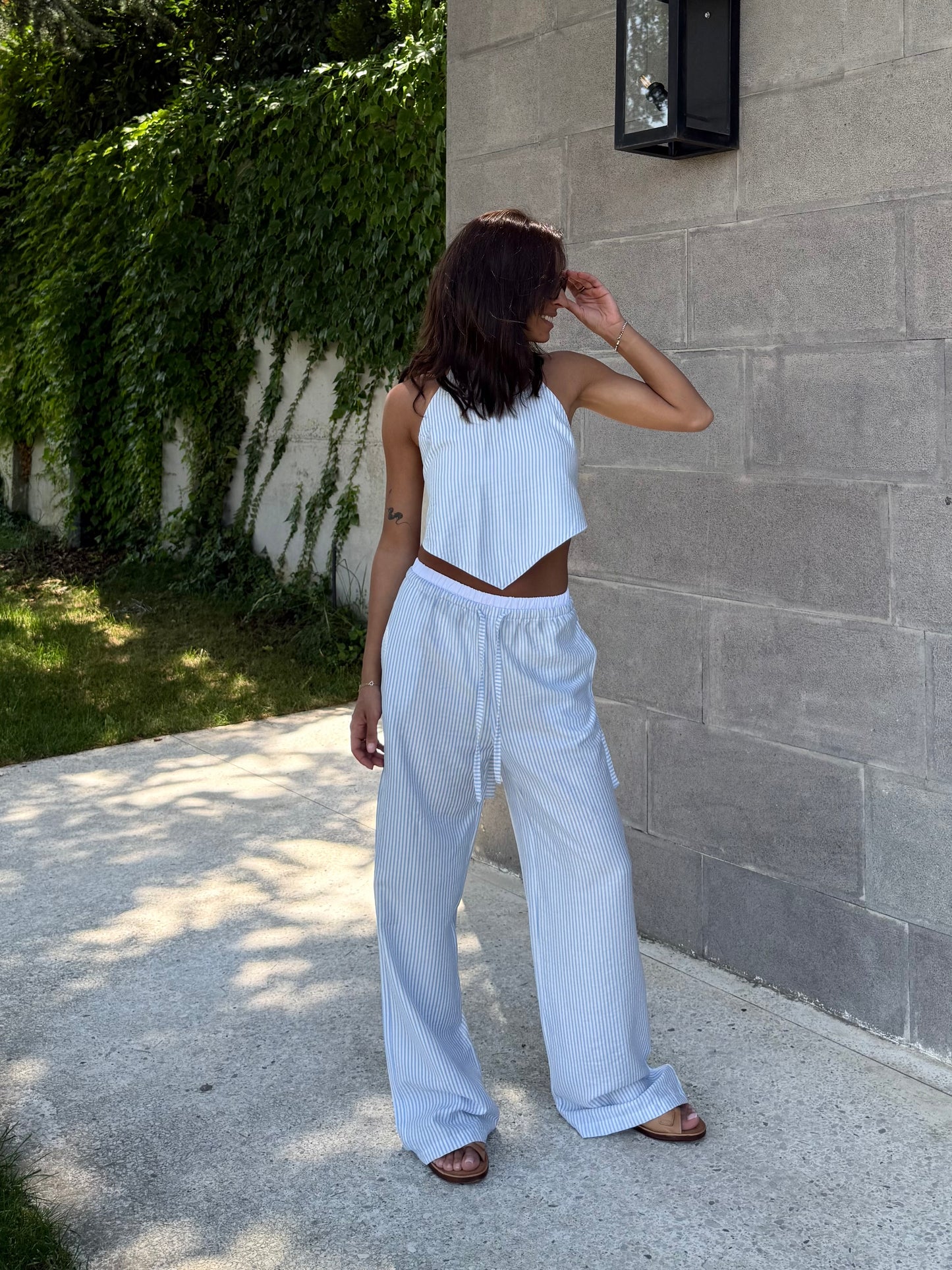 Linen triangle top with baby blue stripes
