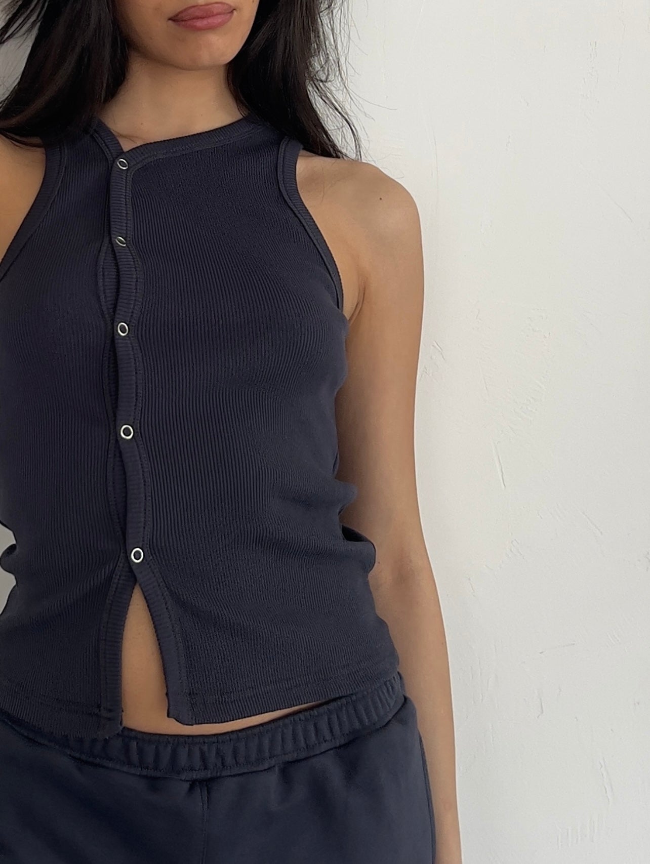 Dark gray tank top with buttons