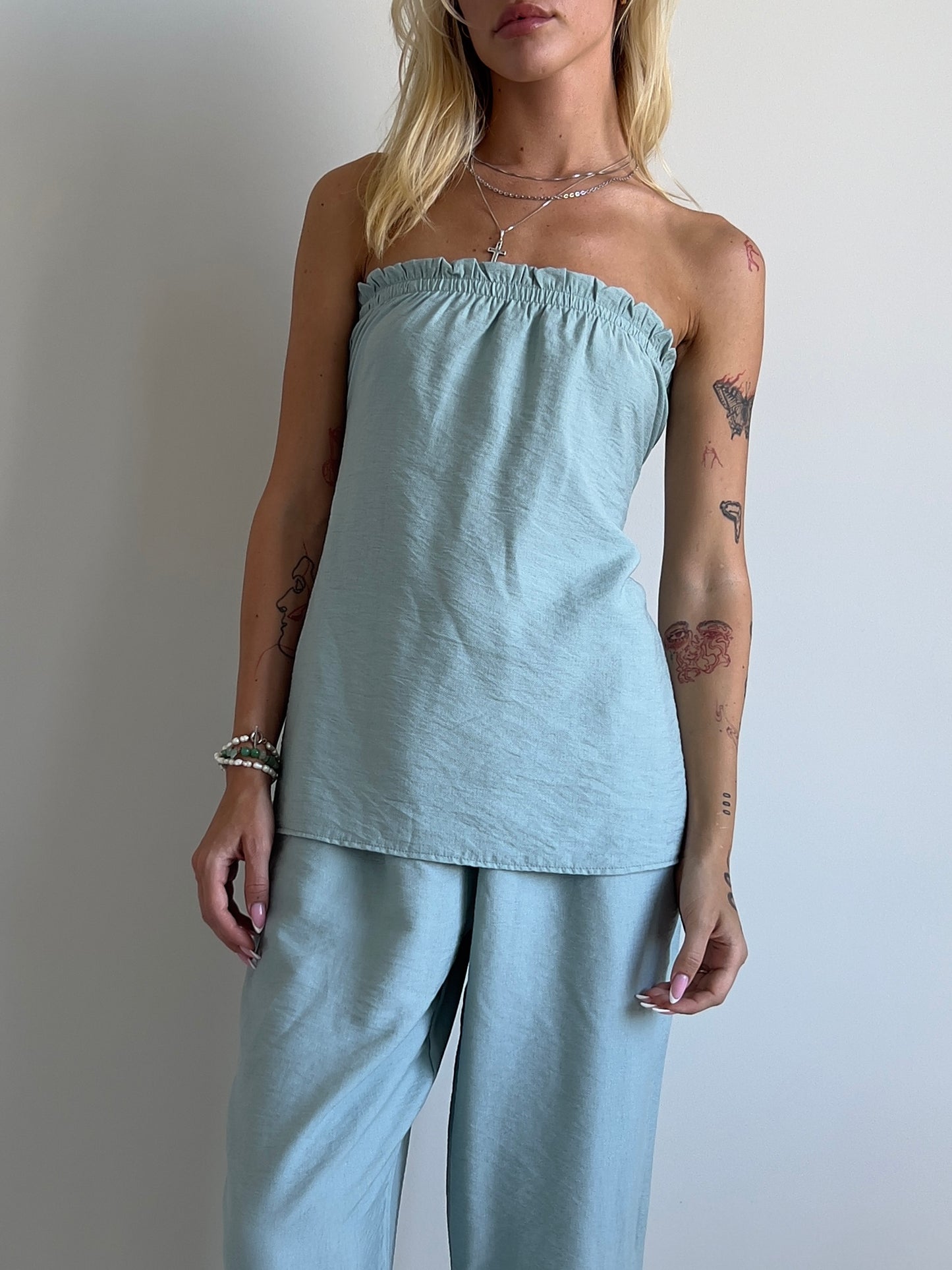 Ocean green linen strapless tube top