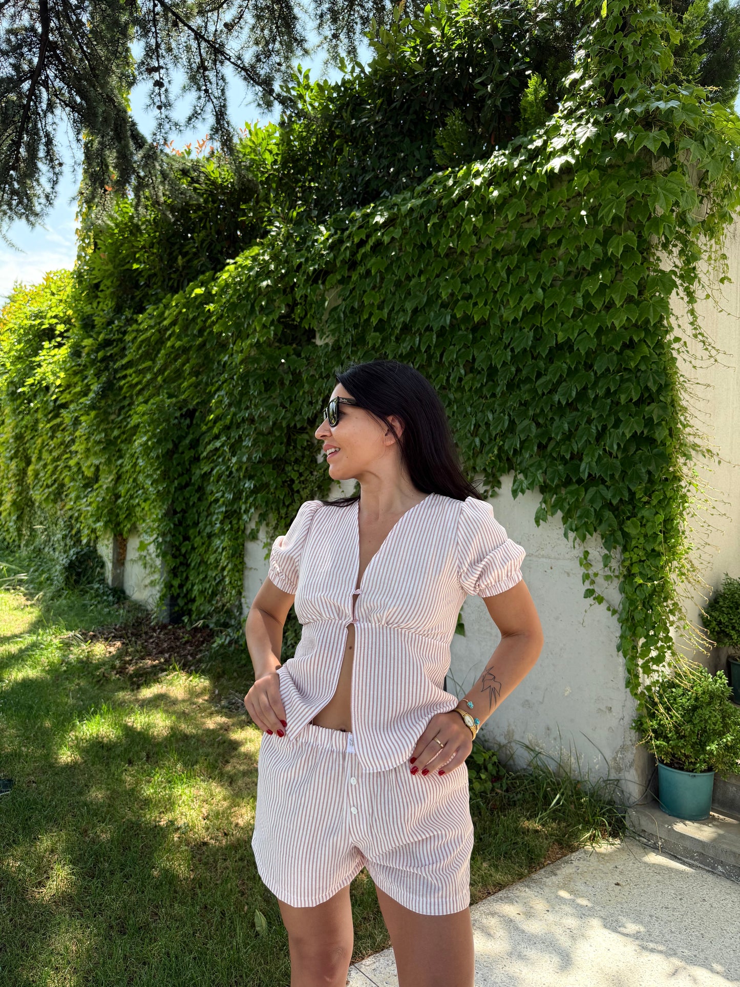 Linen top with peach pink stripes
