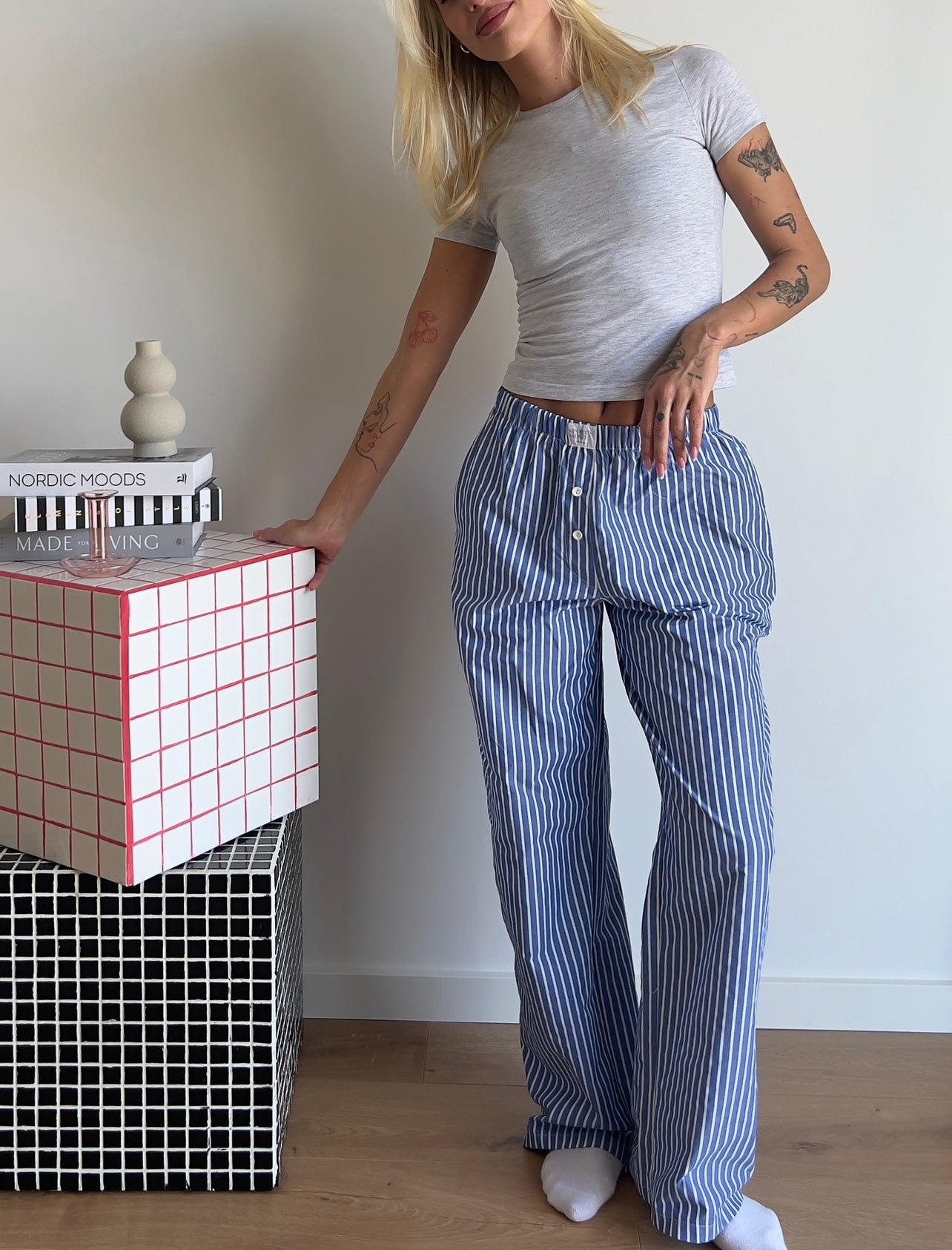 Blue striped boxer pants