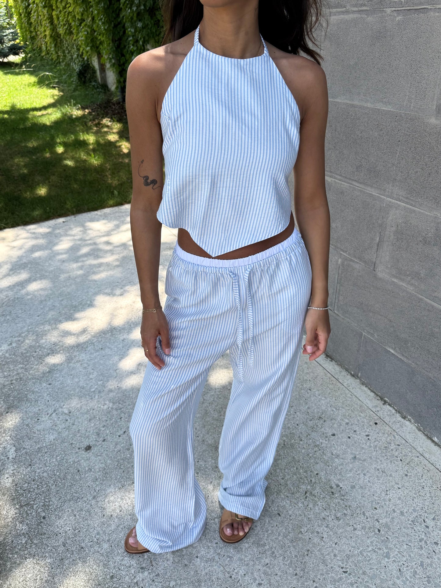 Linen triangle top with baby blue stripes