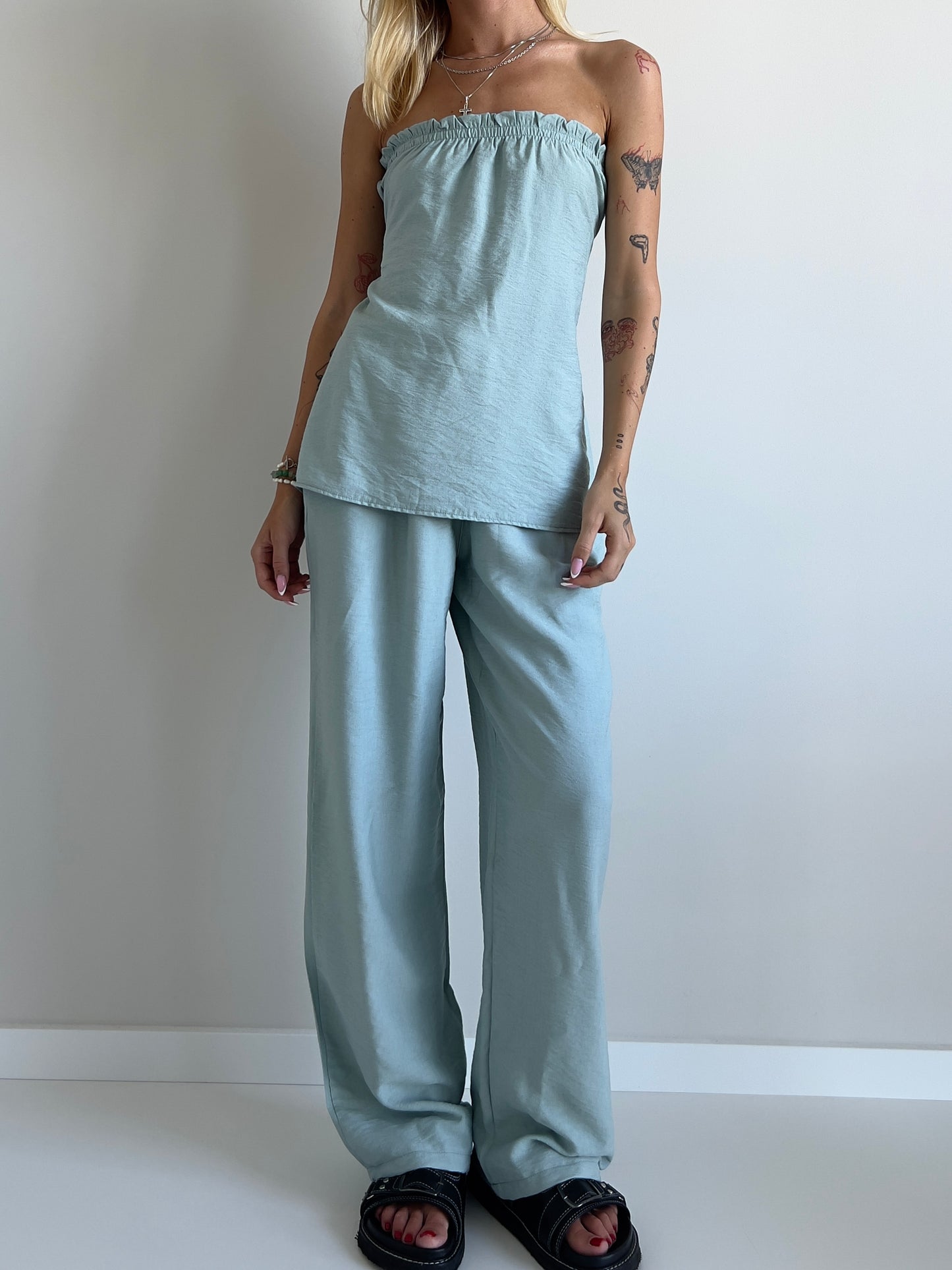 Ocean green linen strapless tube top