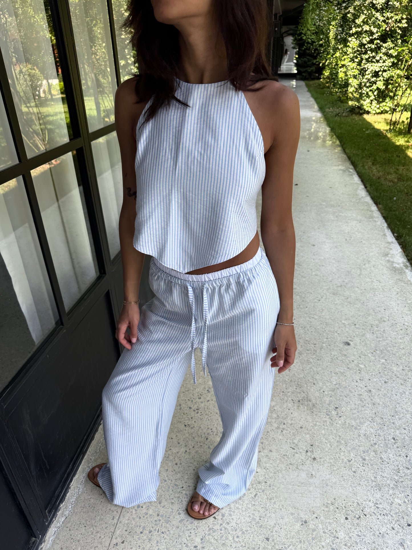Linen triangle top with baby blue stripes