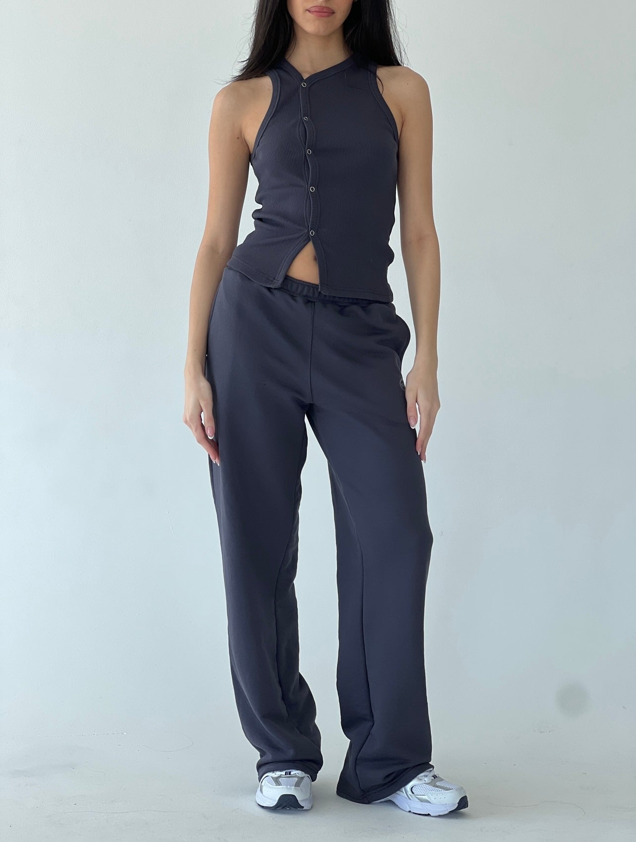 Dark gray tank top with buttons