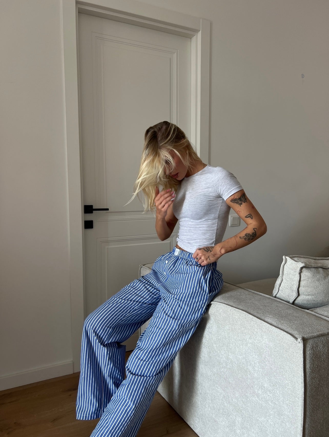 Blue striped boxer pants