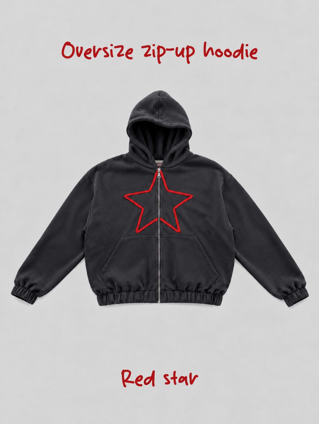 Dark gray oversize zip-up hoodie •red star