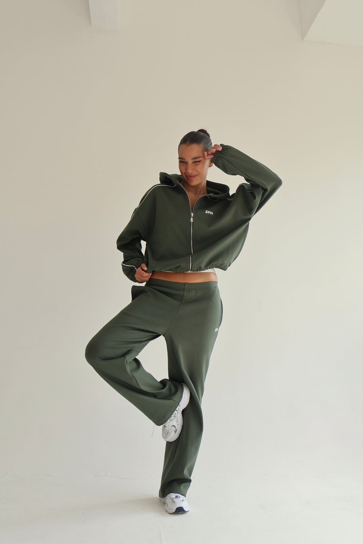 Khaki line track zip-up hoodie