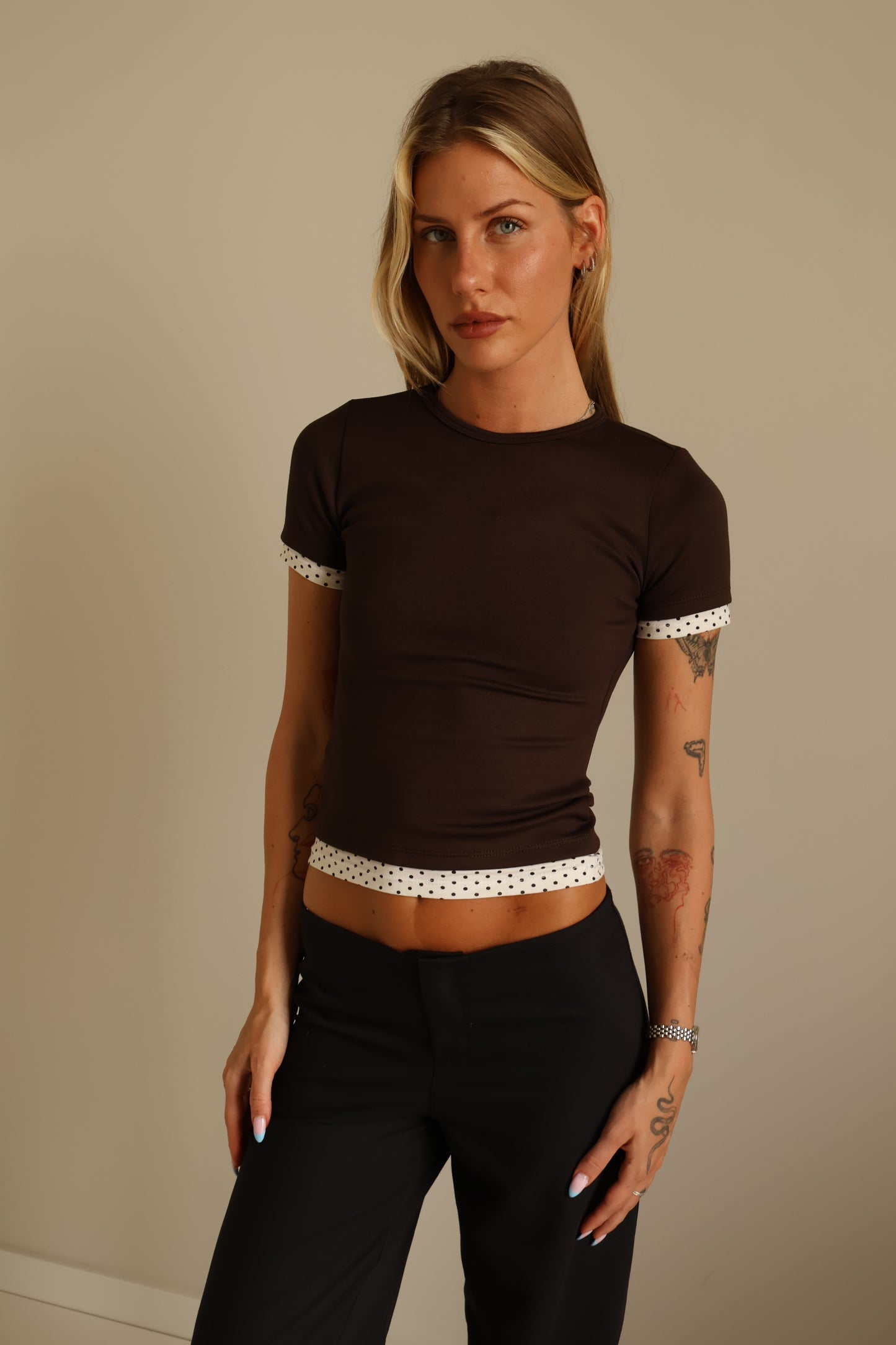 Contrast Polka-Dot Trim Top