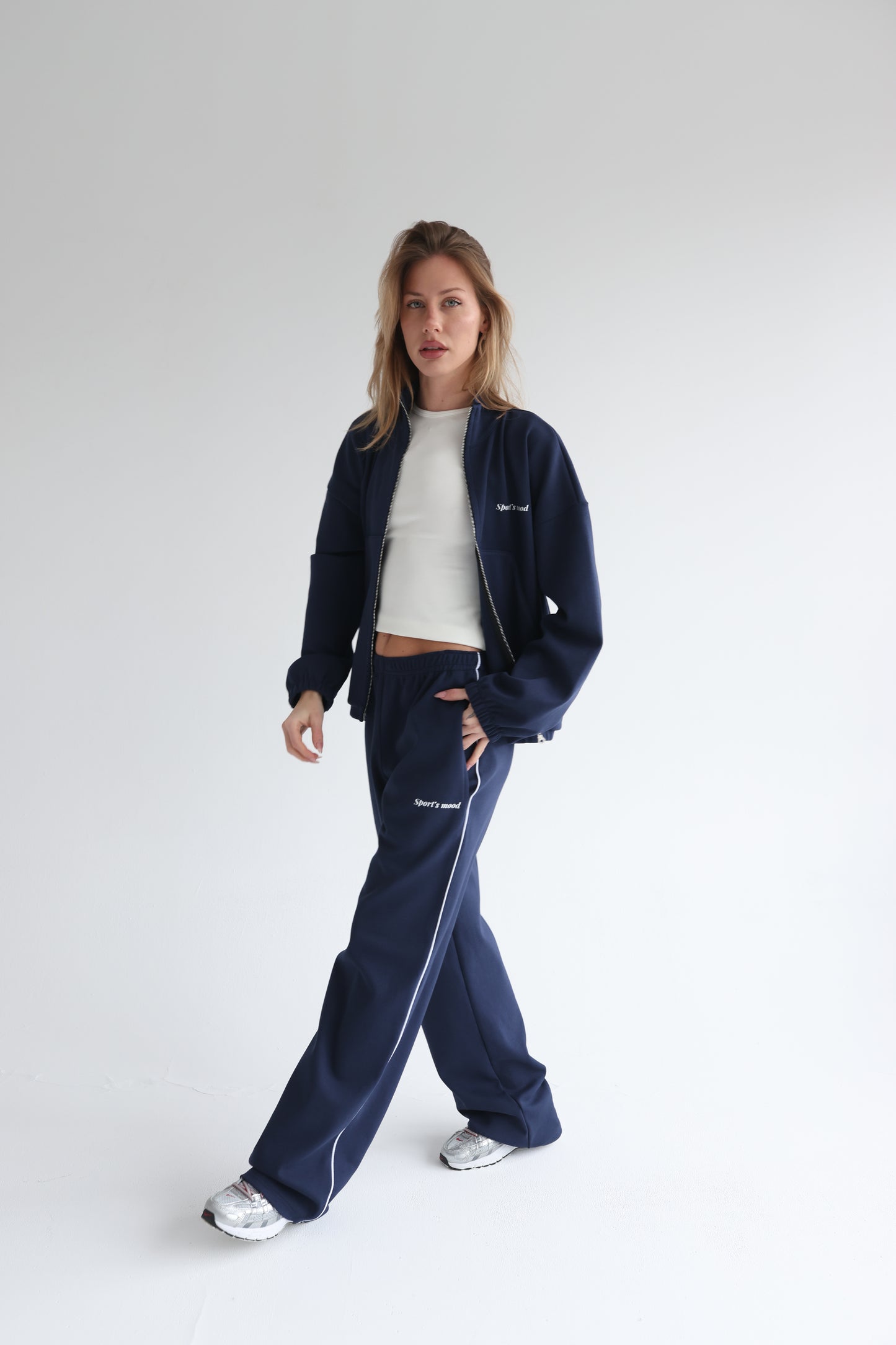 Navy blue straight line track sweatpants