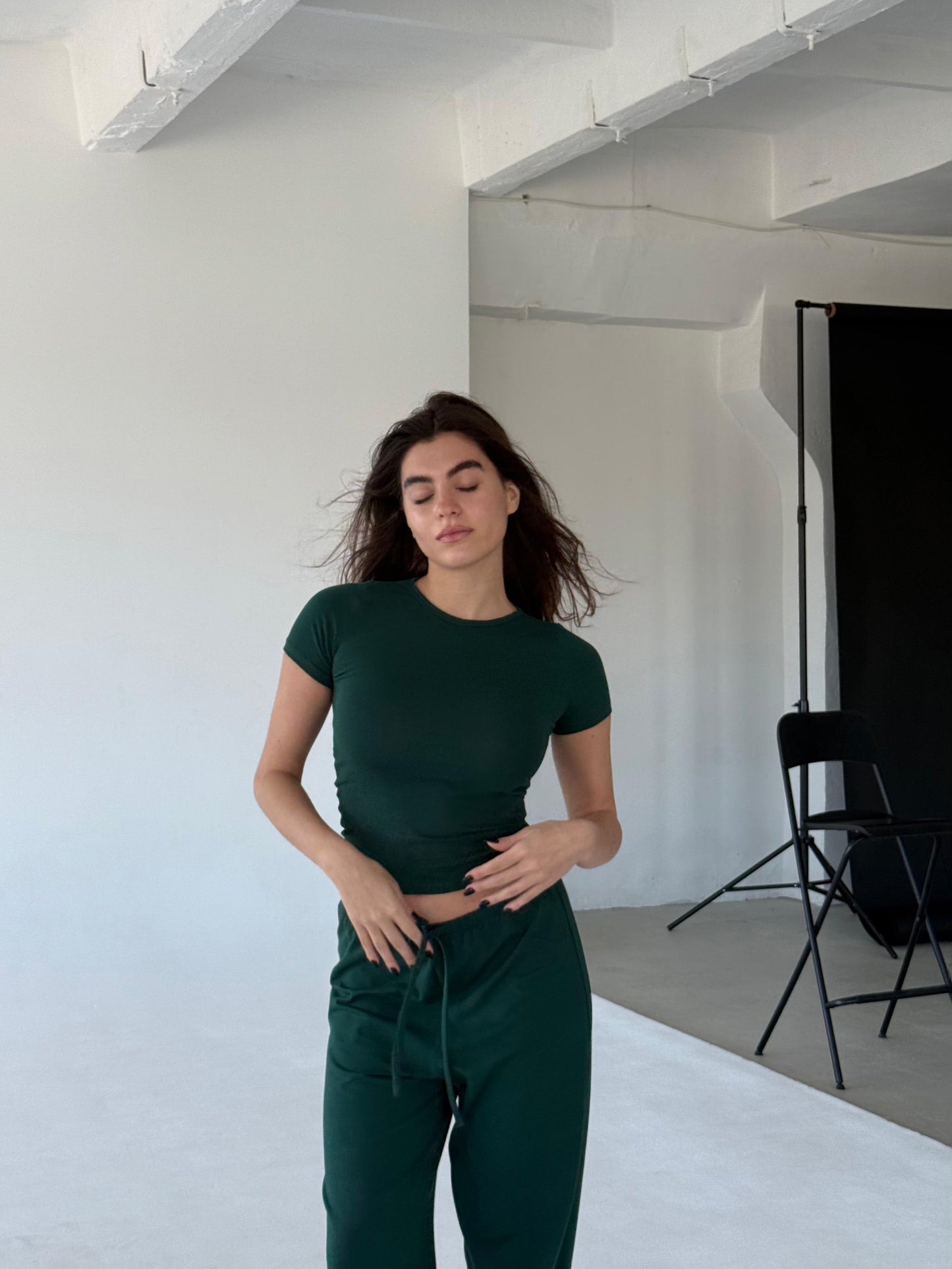 Green round neck top
