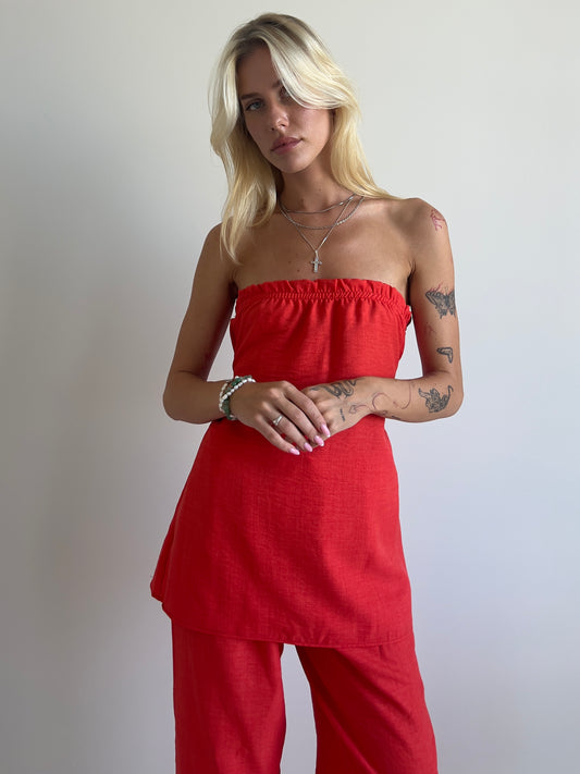 Red linen strapless tube top