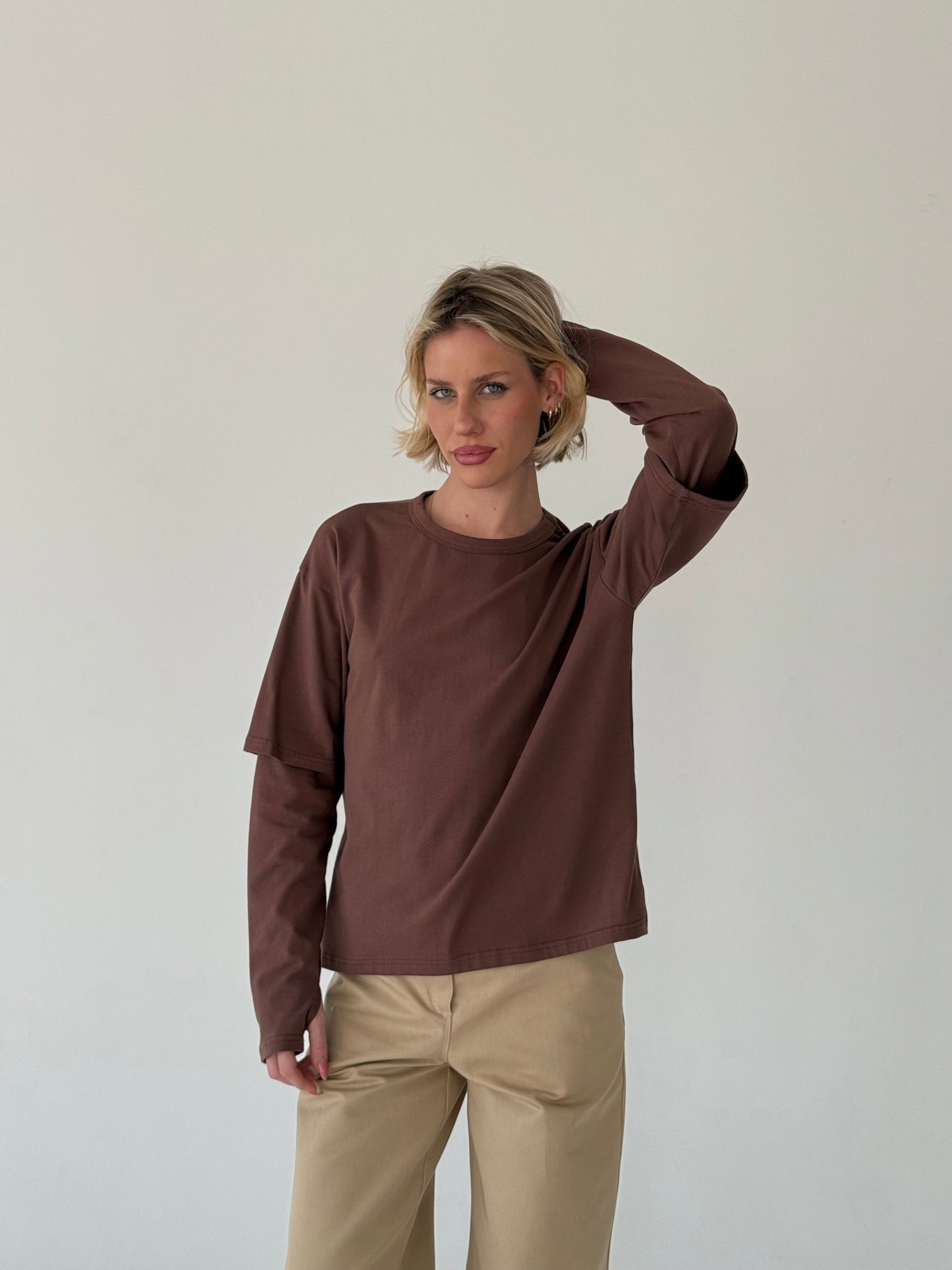 Double long sleeve brown t-shirt