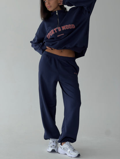 Navy blue sweatpants with rubber bottom