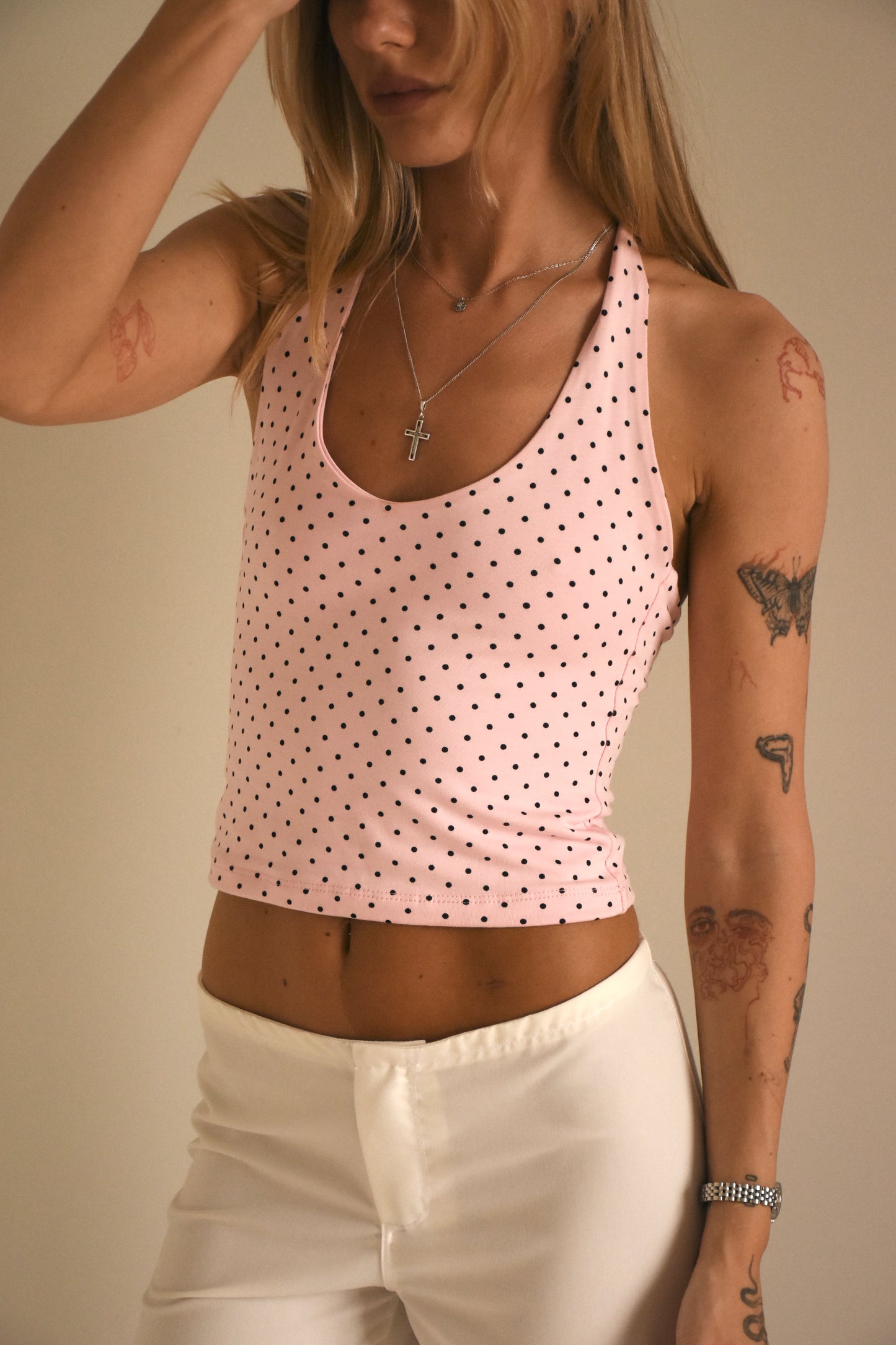 Pink polka dot halter top