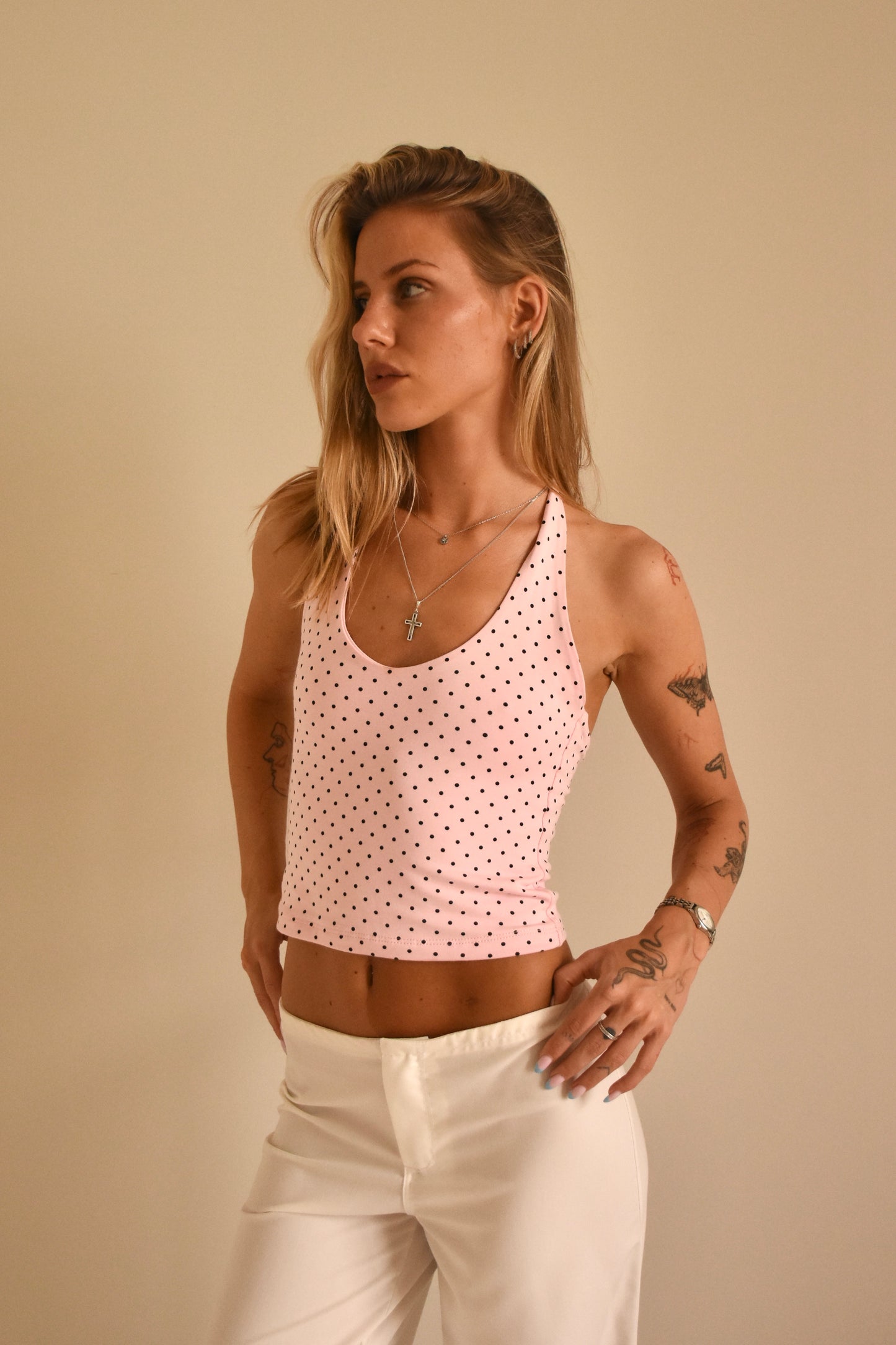 Pink polka dot halter top