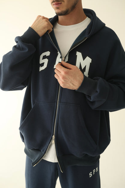 Men's Navy blue warm oversize zip-up hoodie