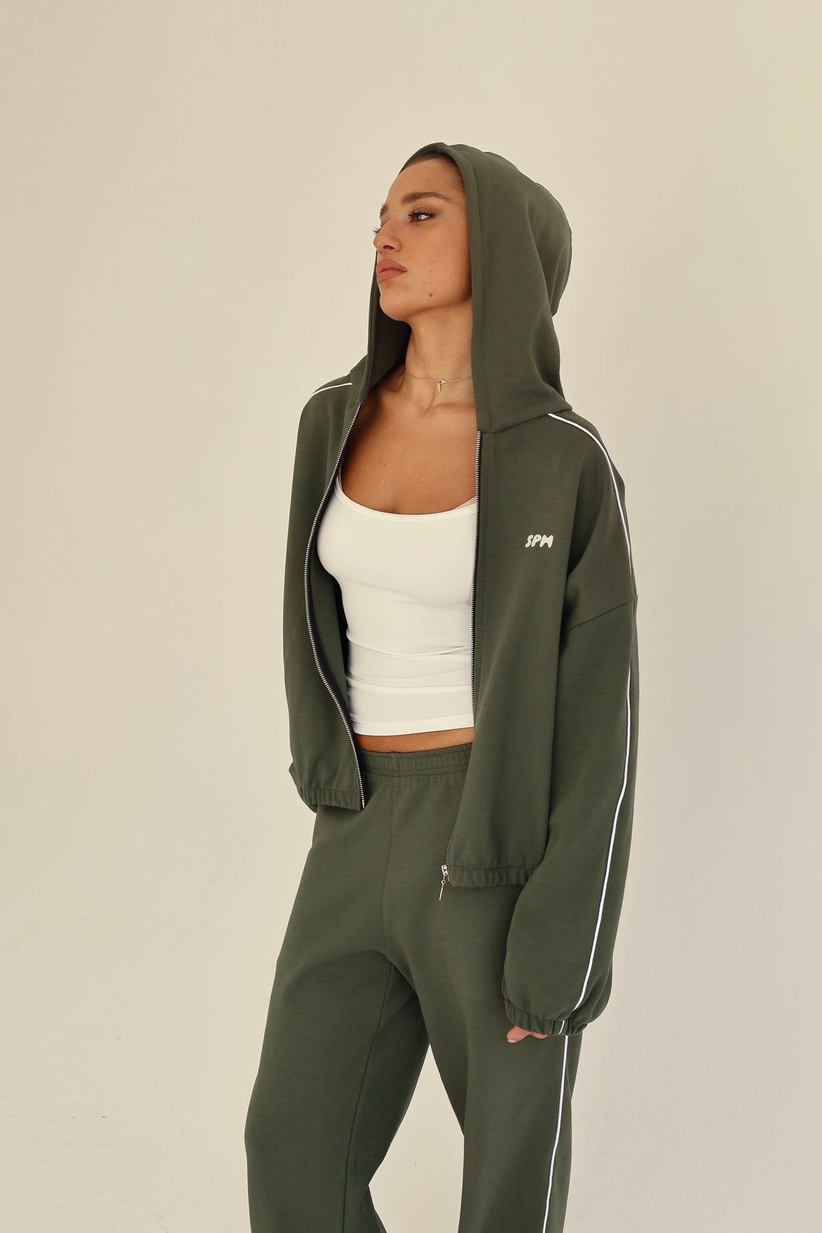 Khaki line track zip-up hoodie
