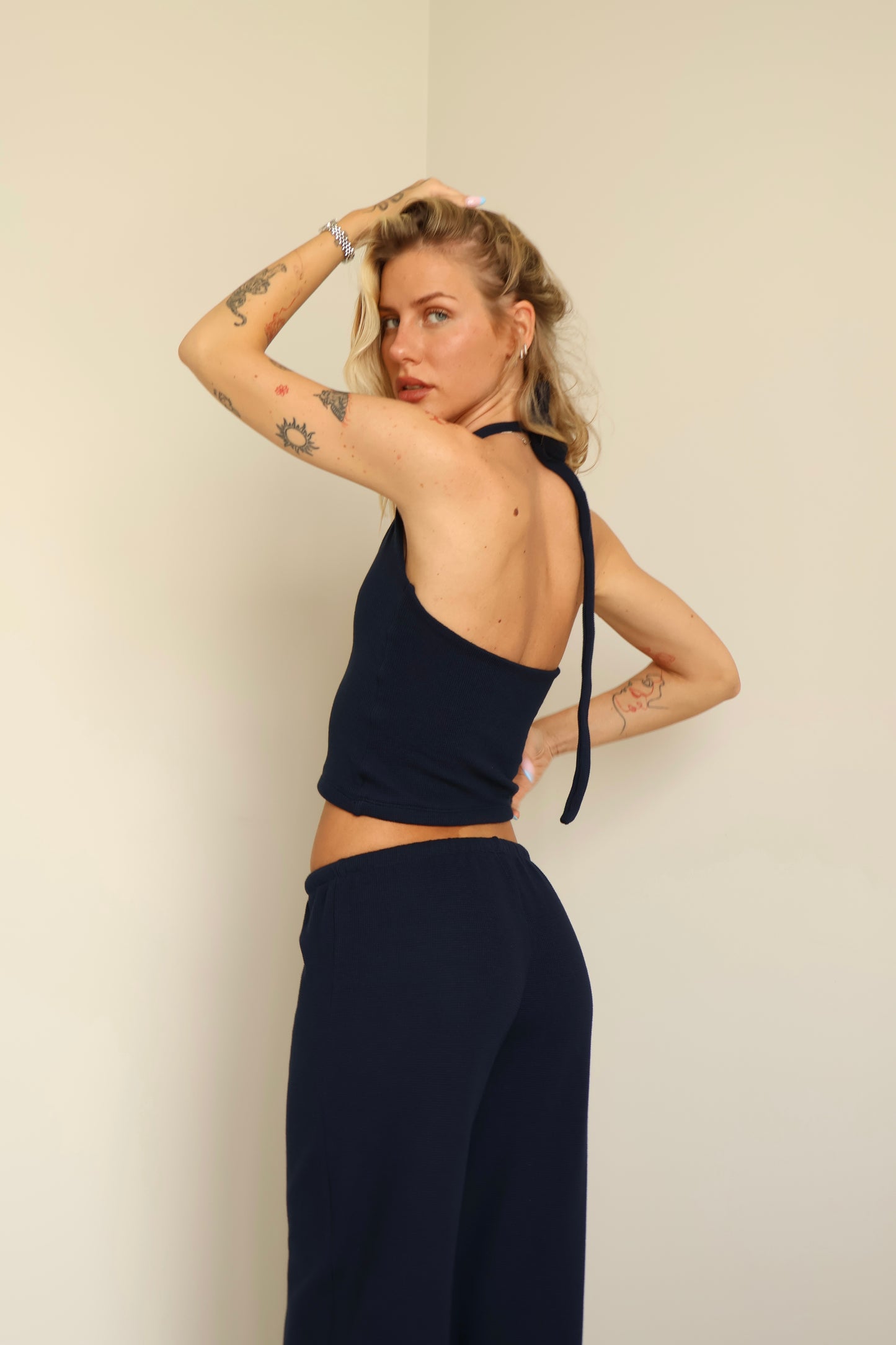 Waffle navy blue halter top
