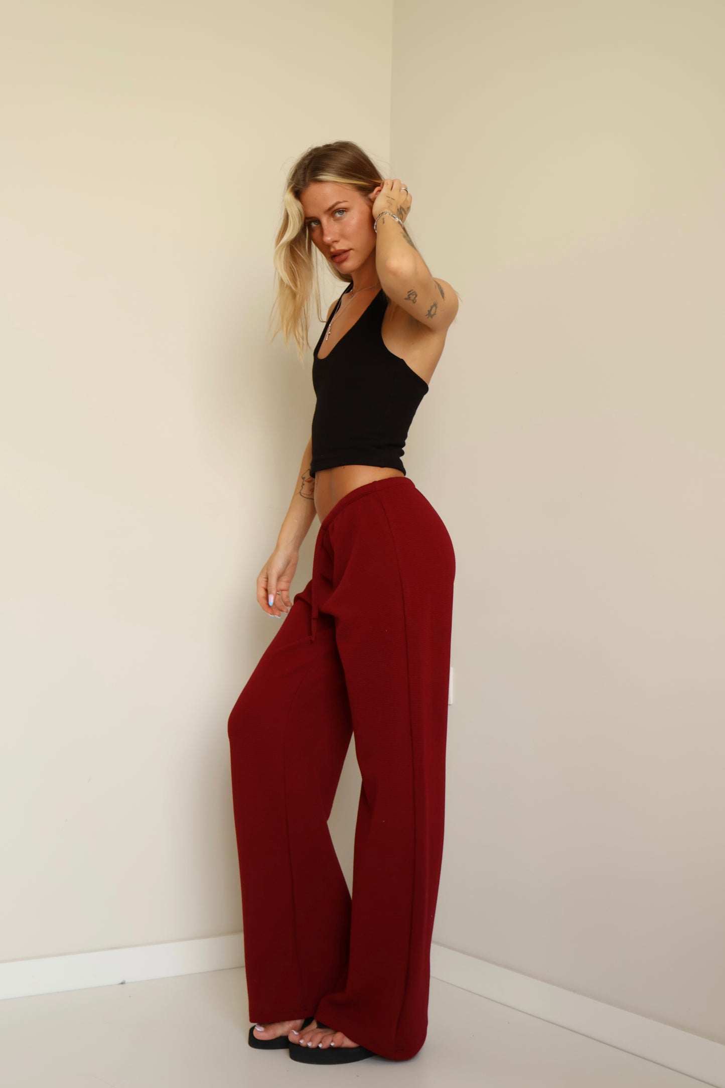 Burgundy waffle pants