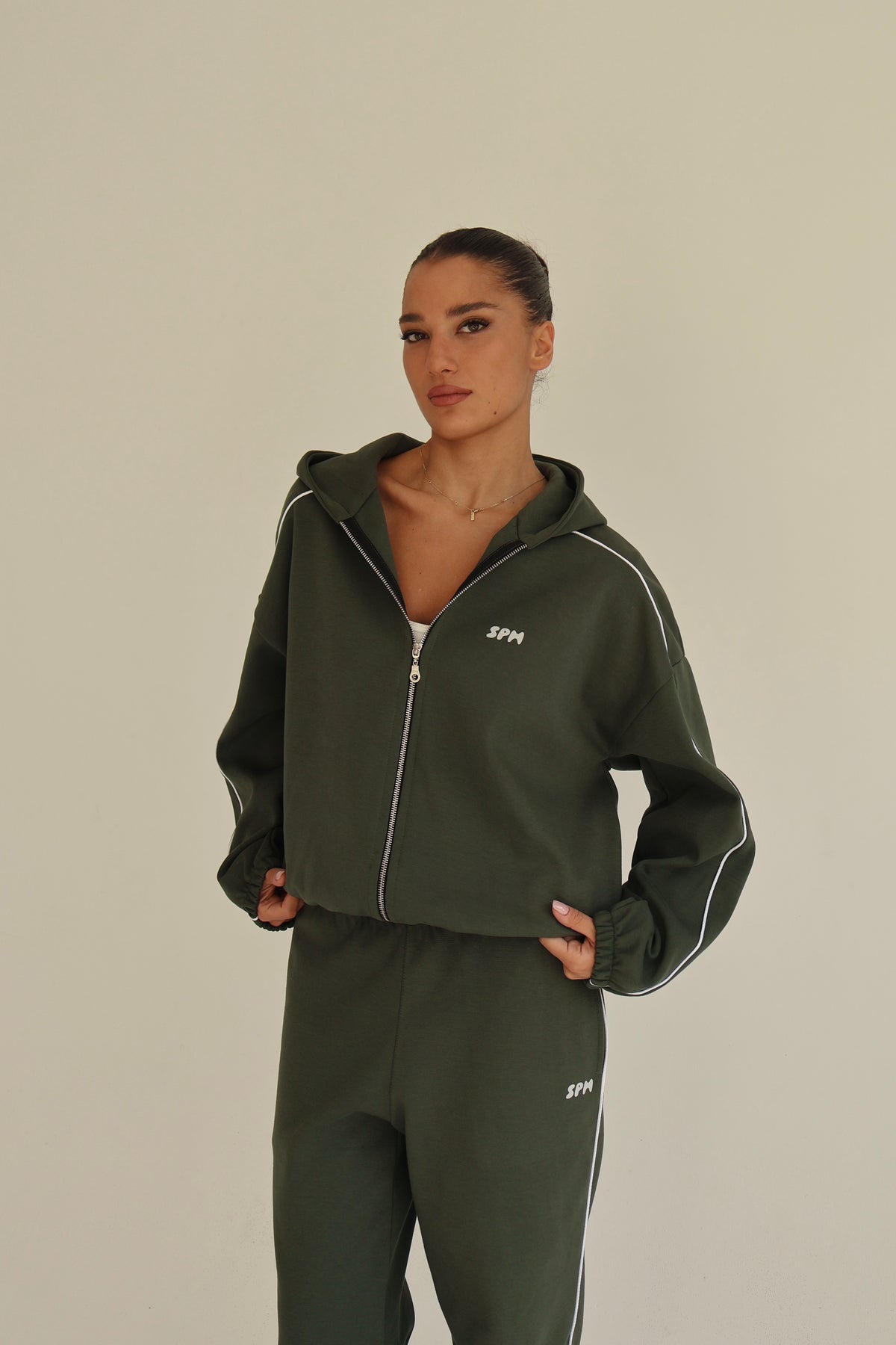 Khaki line track zip-up hoodie