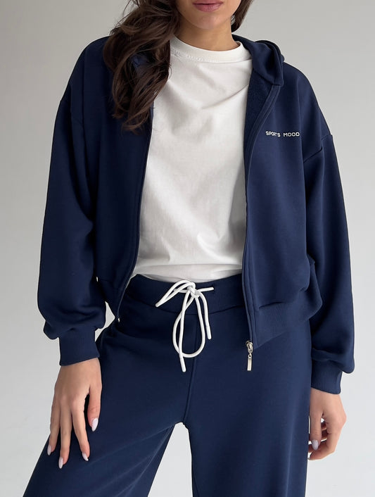 Navy blue, short zip-up hoodie