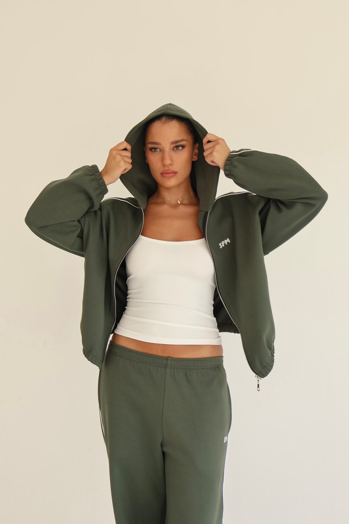 Khaki line track zip-up hoodie
