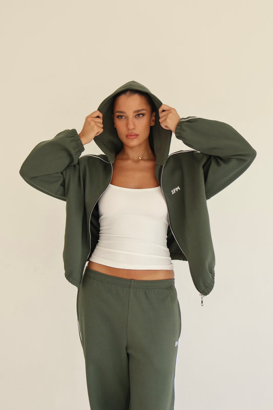 Khaki line track zip-up hoodie