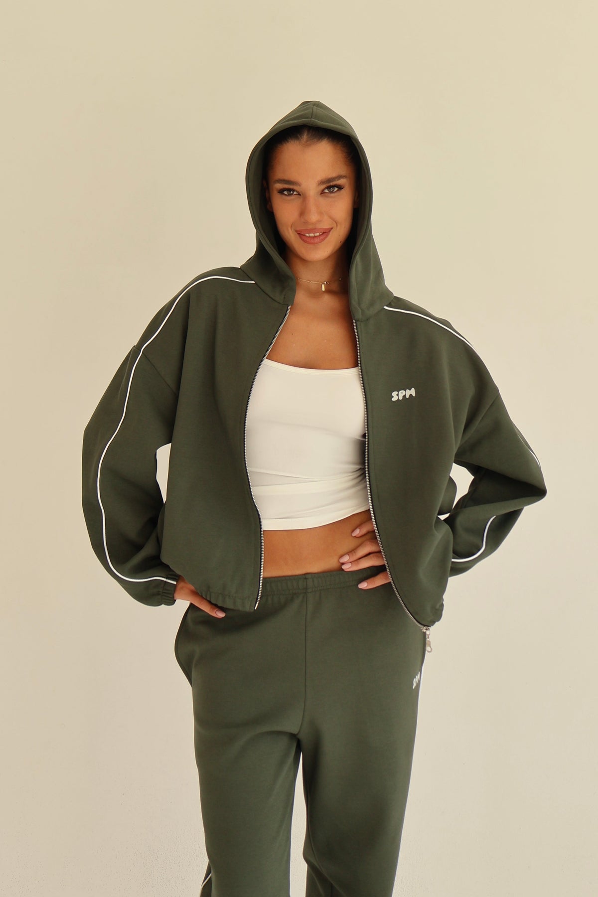 Khaki line track zip-up hoodie
