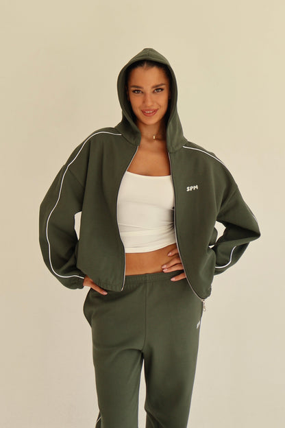 Khaki line track zip-up hoodie