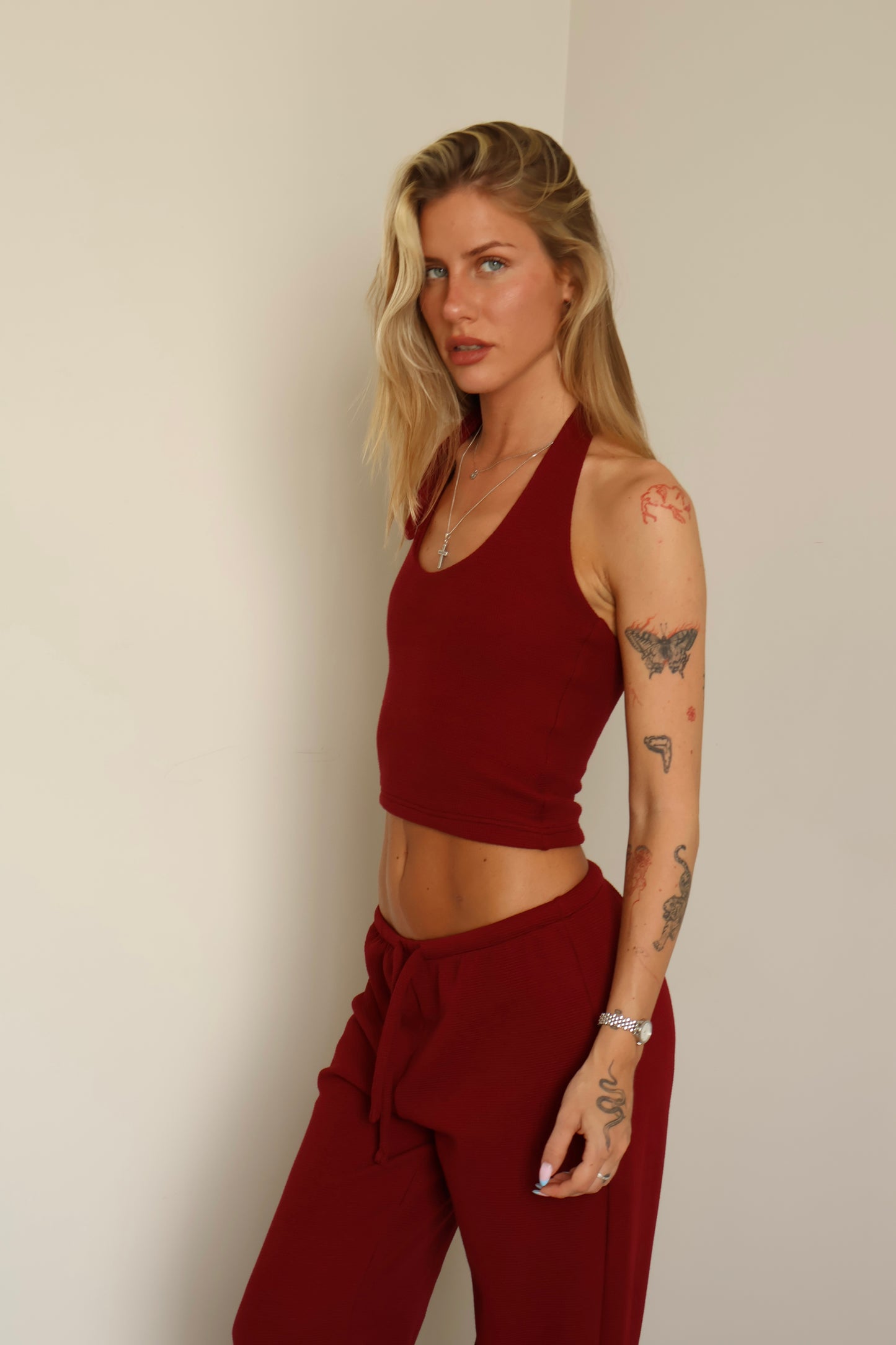 Waffle burgundy halter top