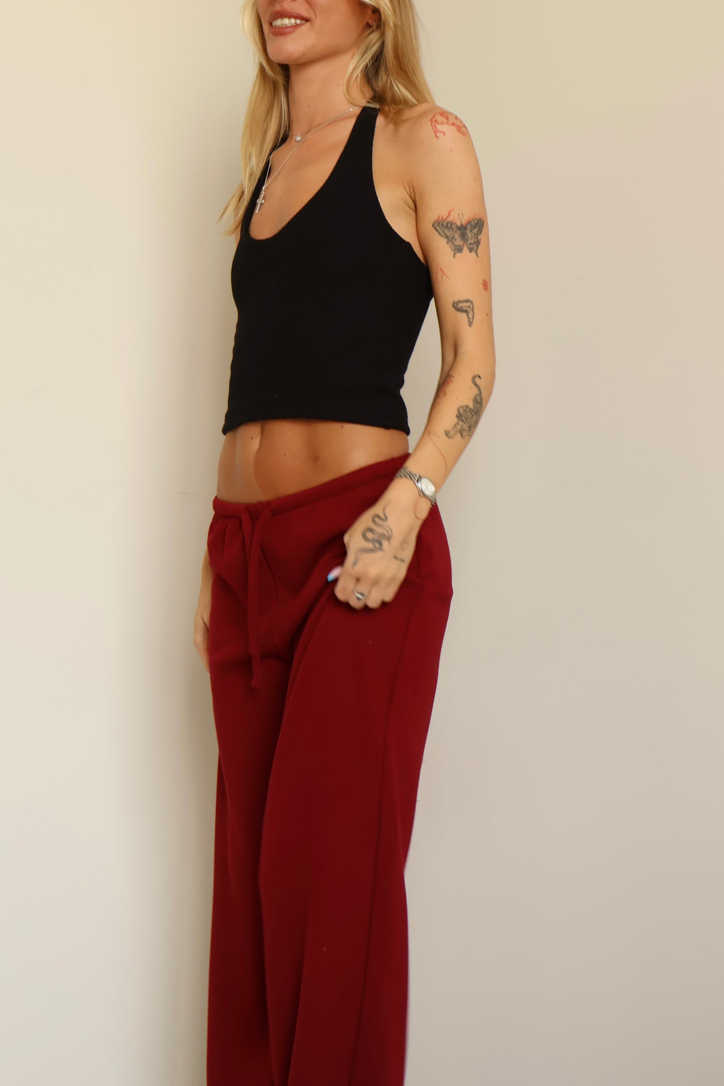 Burgundy waffle pants