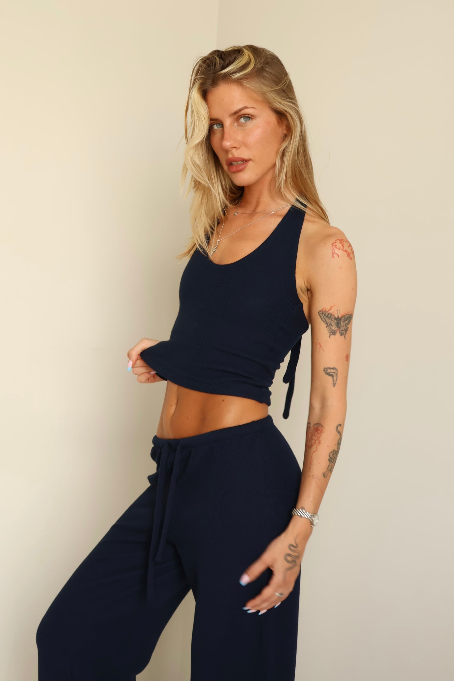 Waffle navy blue halter top