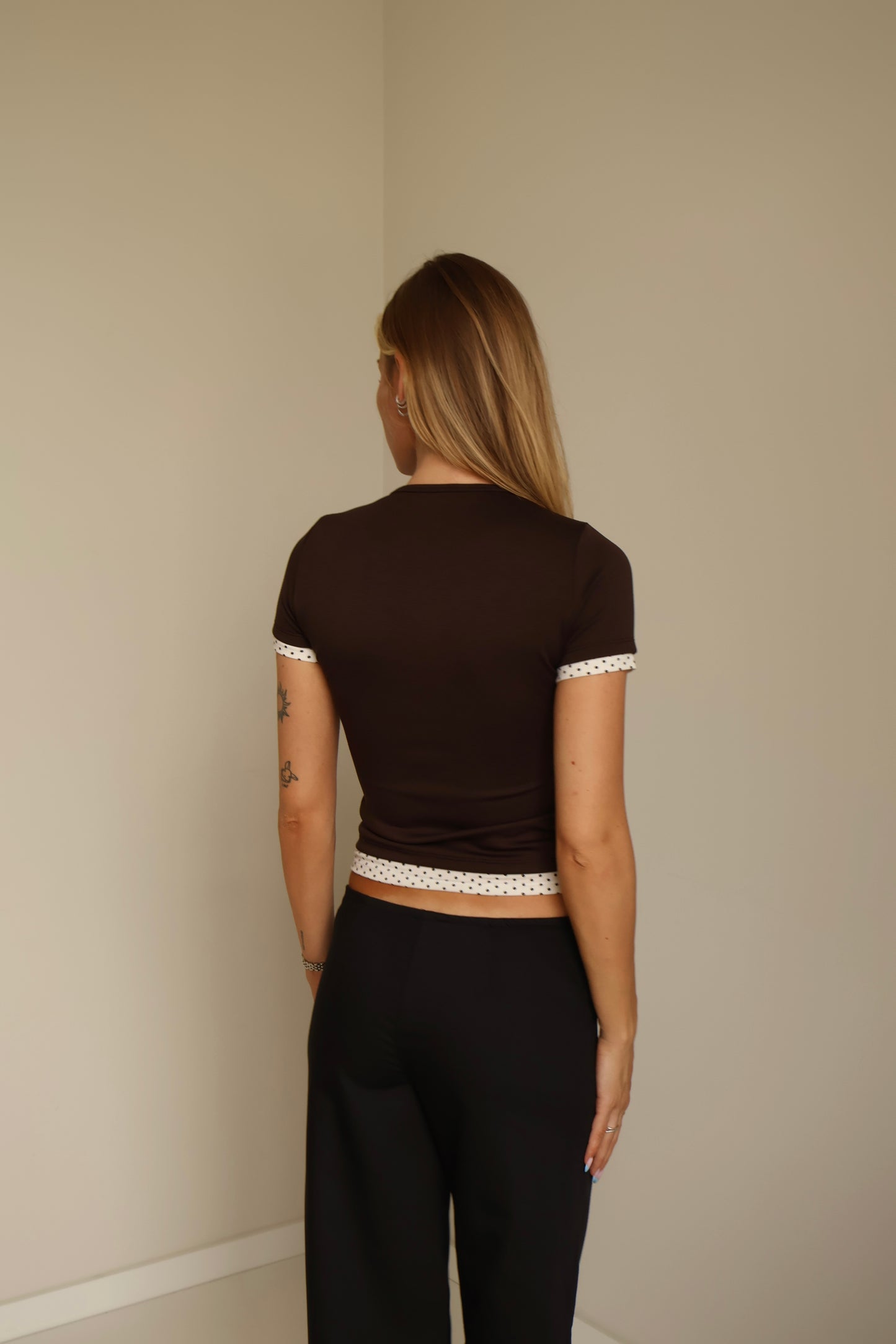 Contrast Polka-Dot Trim Top