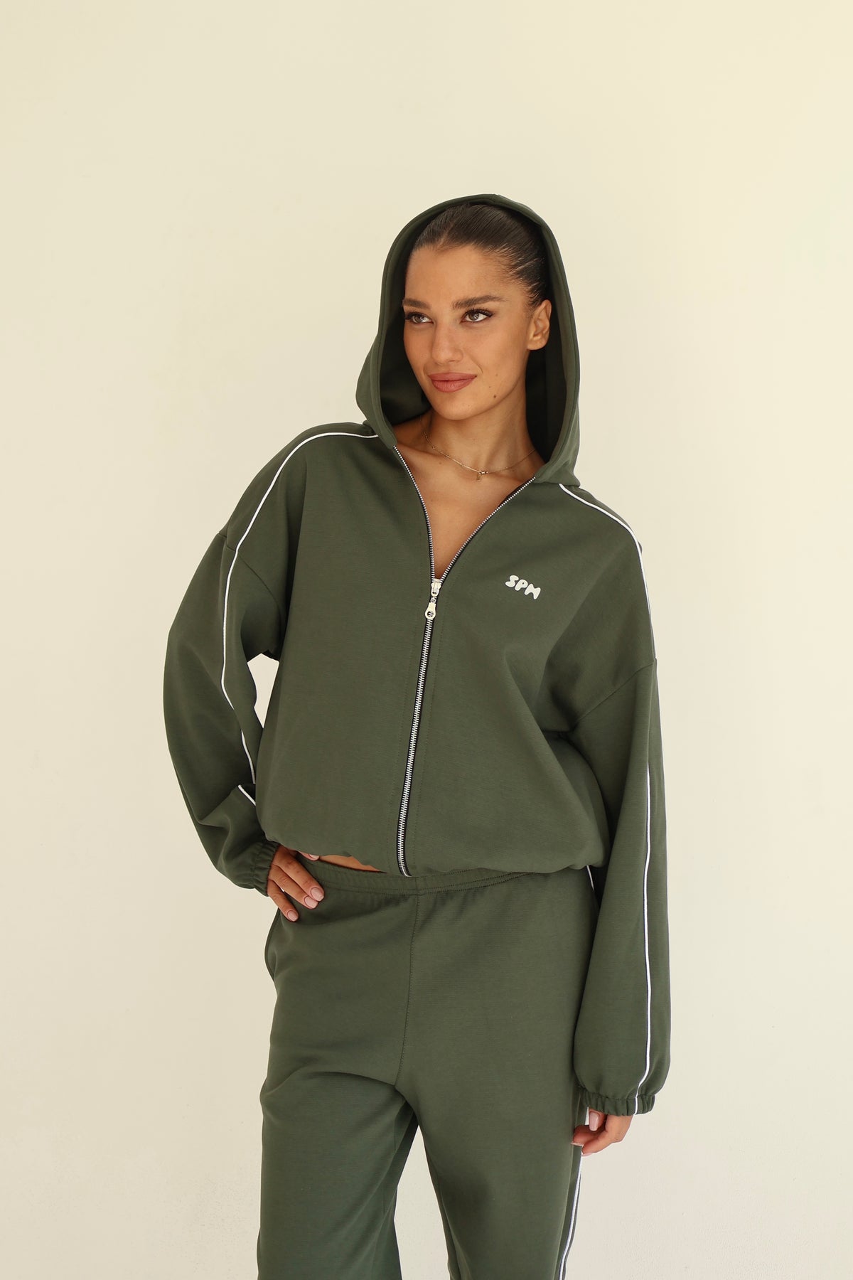 Khaki line track zip-up hoodie