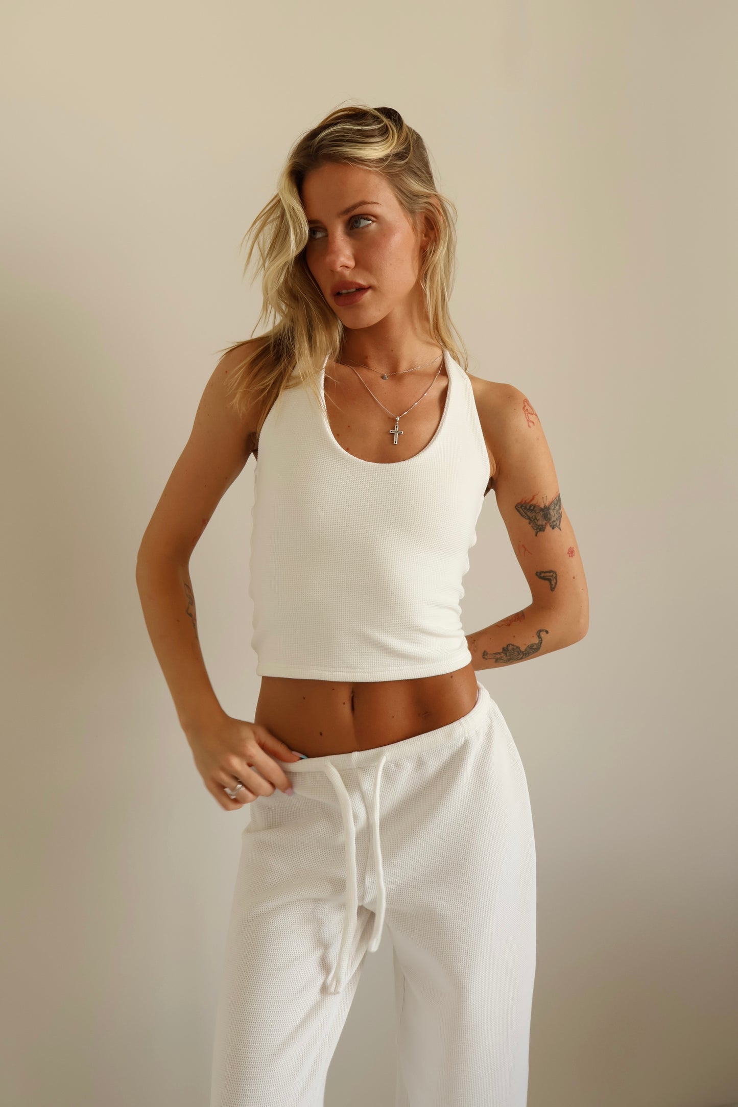Waffle white halter top