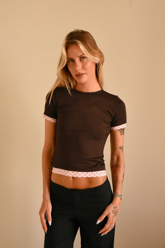 Contrast Polka-Dot Trim Top