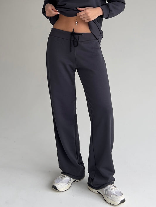 Dark gray straight sweatpants with ribbed-knit waist