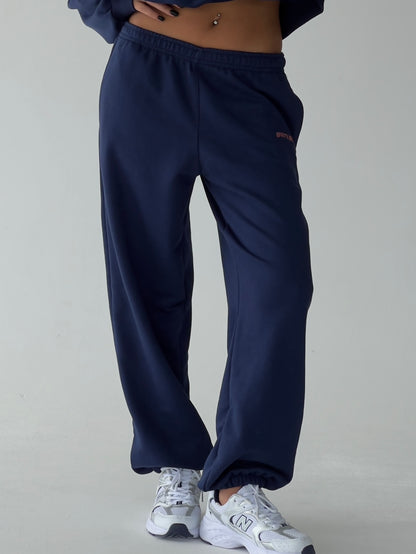 Navy blue sweatpants with rubber bottom