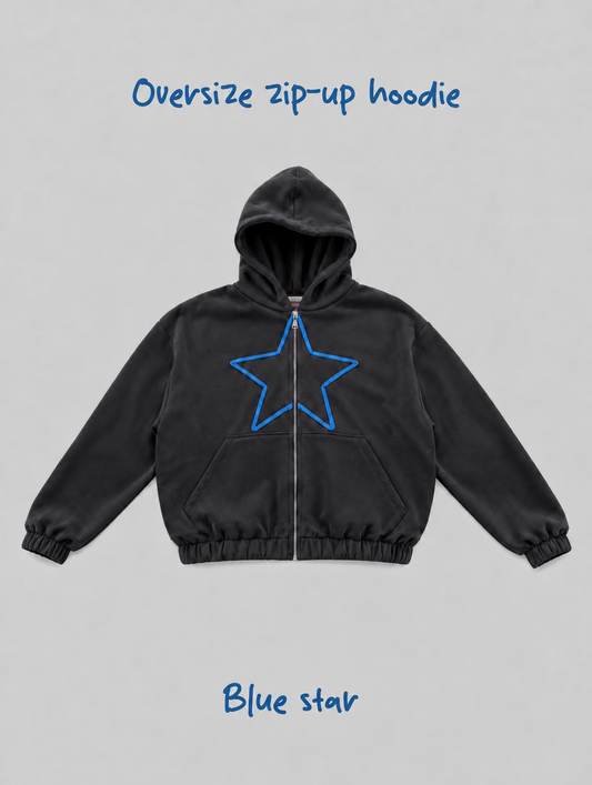 Dark gray oversize zip-up hoodie •blue star