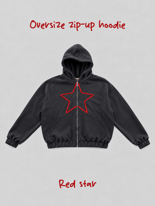 Dark gray oversize zip-up hoodie •red star